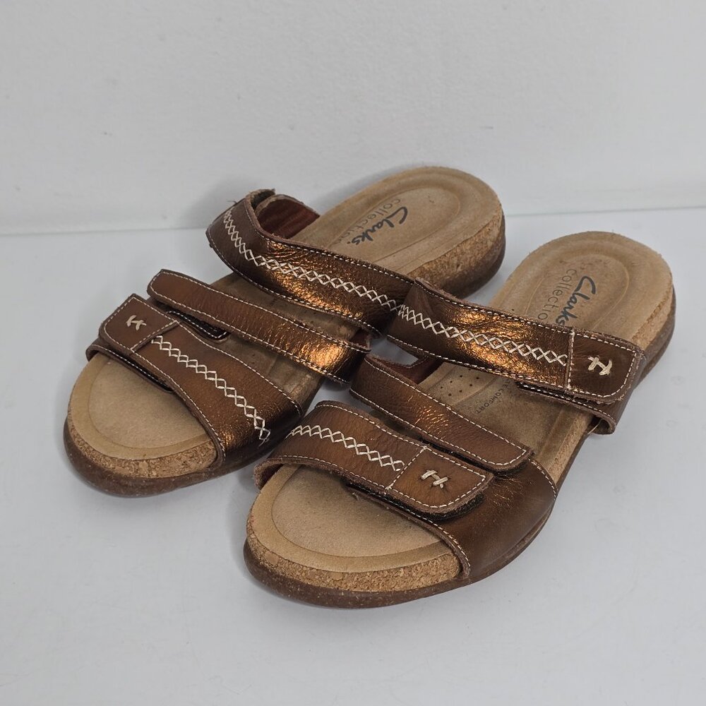 Clarks‎ Womens 6.5 Sandals Roseville Metallic Copper Slip On Slides Adjustable
